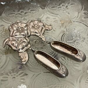 Vintage designer sterling silver ballerina shoes and flowers brooch pin about 2”